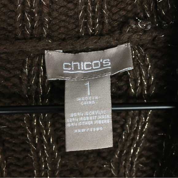CHICOS Cardigan Sweater Metallic Open Front Cable Knit Rabbit Hair Size 1 Medium - Picture 6 of 8